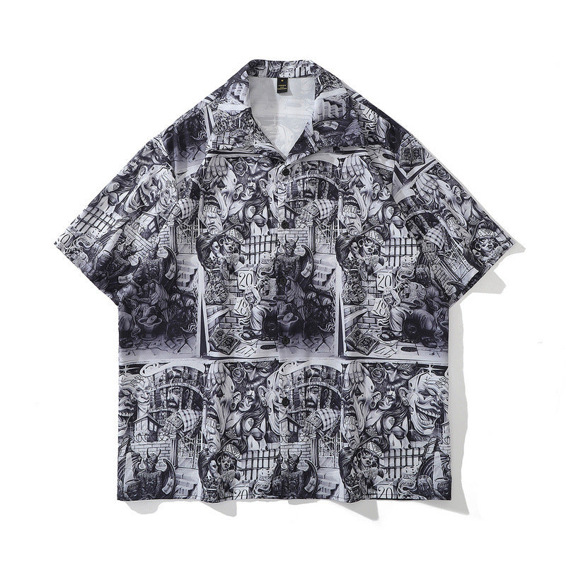 High Street Retro Full Print Short-sleeved Shirts For Men And Women