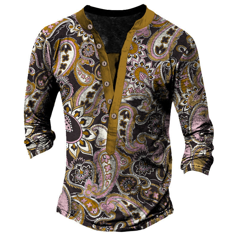 Printed Retro Fashion Casual Henry Neck Long Sleeves T-shirt